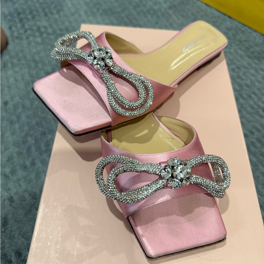 Mach & Mach Pink Satin Slide Sandals with Crystal Bow - Picture 6 of 7